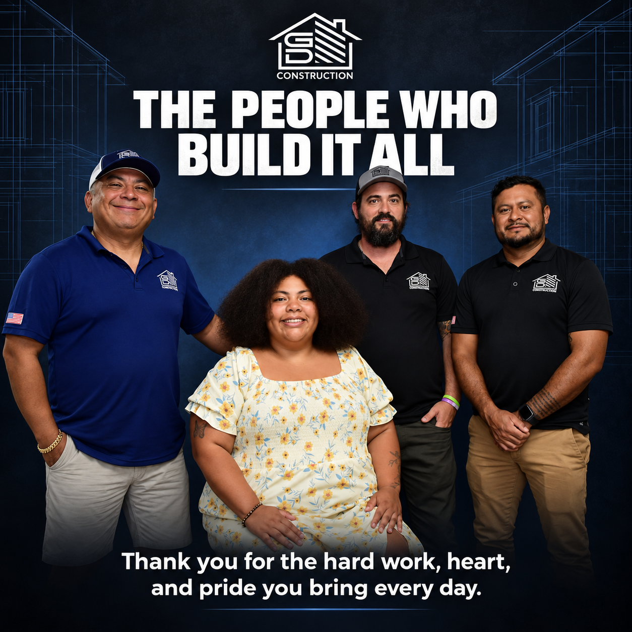 GD Construction team group photo with owner Elmer Gutierrez Velazco and crew members