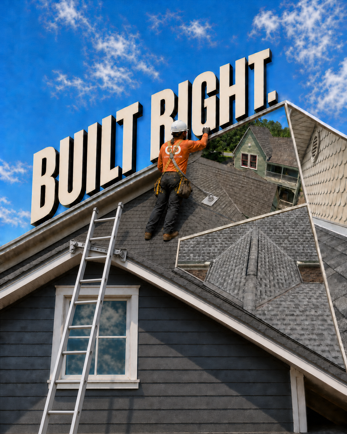 GD Construction worker on a roof beside a collage of Gulf Coast roofing and remodeling projects.