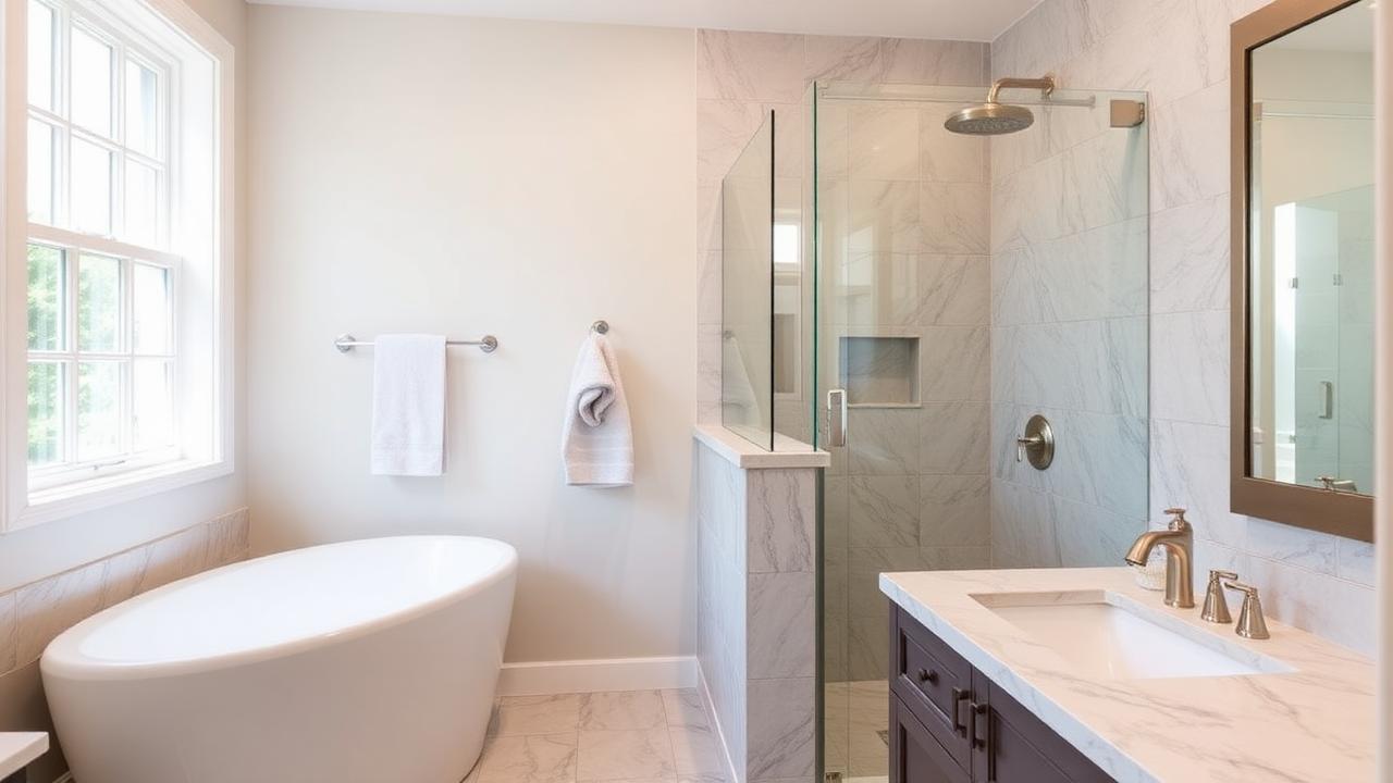 Remodeled bathroom with tile shower and vanity