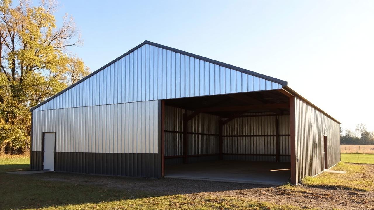 Metal pole-barn building with metal siding panels