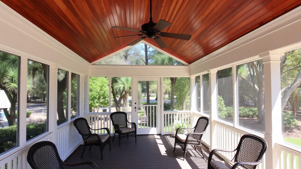 Covered screened porch on a coastal home