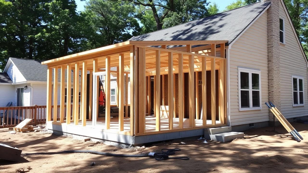 Home addition framing attached to existing house