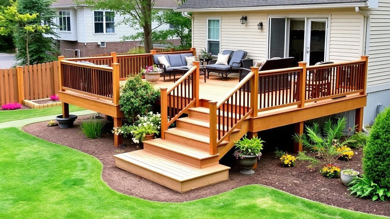 Multi-level tiered wooden deck in a backyard
